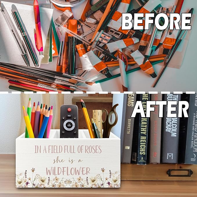 XPH Wildflower Nursery Decor Pen Pencil Holder Organizer for Desk, Girl Nursery Decor, in a Field Full of Roses She Is a Wildflower Wooden Box Sign for Girly Room Bedroom Desk Tabletop Decorations
