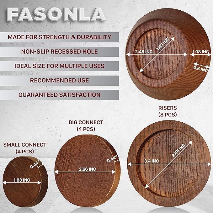 FASONLA Bed Risers, Furniture Risers (Set of 8-Height 1") Can be Adjusted to 2'' 3''or 4'', Lifts Furniture Risers, Solid Natural Wood Risers, Non-Slip Recessed Hole (Walnut Color)