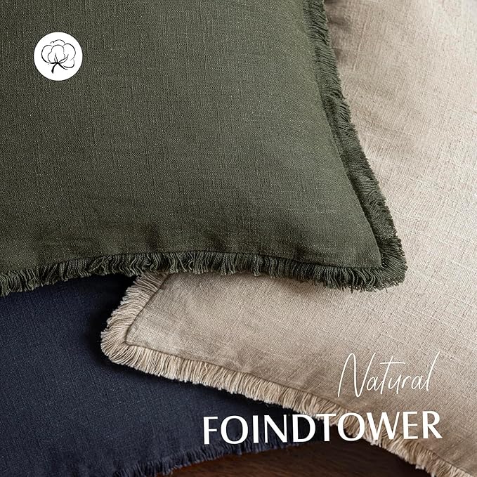 Foindtower Set of 2 Decorative Linen Fringe Throw Pillow Covers Cozy Farmhouse Cushion Cover with Tassels Accent Pillowcase for Couch Chair Sofa Bed Living Room Home Decor,20×20 Inch,Dark Olive Green