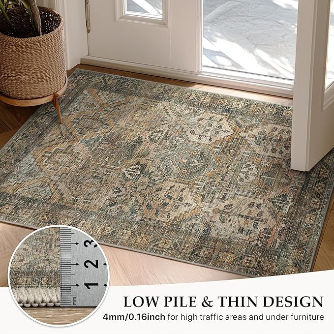 GENIMO 5x7 Area Rugs for Living Room, Machine Washable Non Slip Vintage Rugs, Low Pile Lightweight Chenille Print Rug for Bedroom, Dining Room, Home Office, Warm Taupe