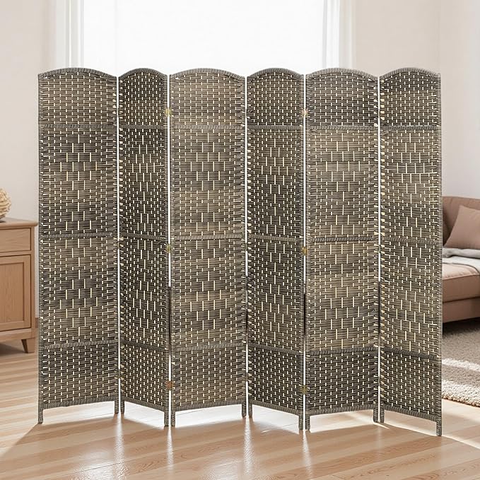 HOMCOM 6 Panel Room Divider, 6' Tall Folding Privacy Screen, Hand-Woven Freestanding Wall Partition for Home Office, Bedroom, Dark Rustic Oak