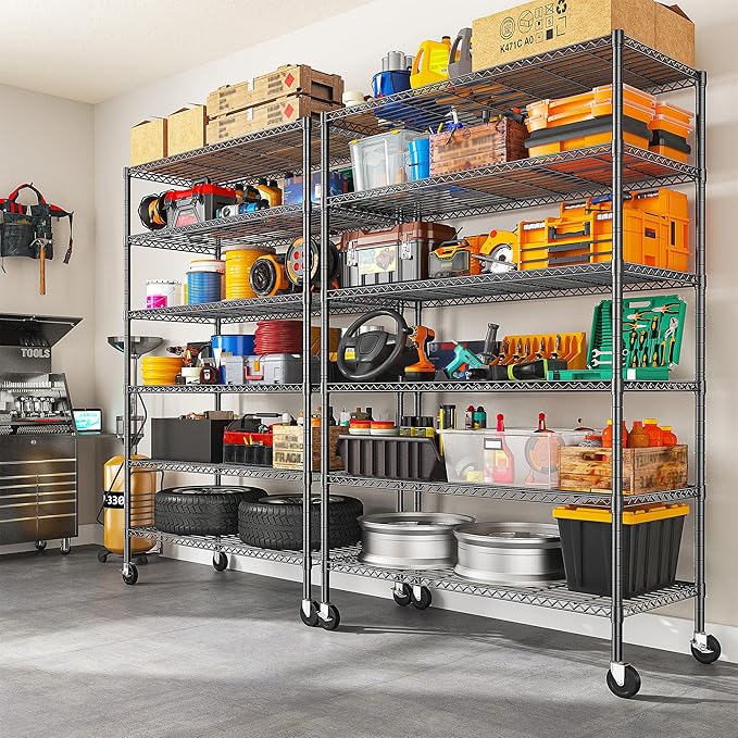Romorgniz 82" H X45 W X18 D Storage Shelves with Wheels, 6 Tier Wire Shelving Adjustable Metal Shelving Pantry Shelves Capacity 1200LBS for Garage Shelving, Pantry, Kitchen, Closet, Black,2P