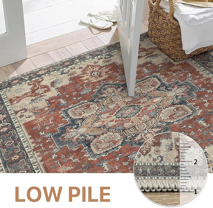 GENIMO 8x10 Area Rugs for Living Room, Machine Washable Non Slip Vintage Rugs, Low Pile Lightweight Chenille Print Rug for Bedroom, Dining Room, Home Office,Bordeaux