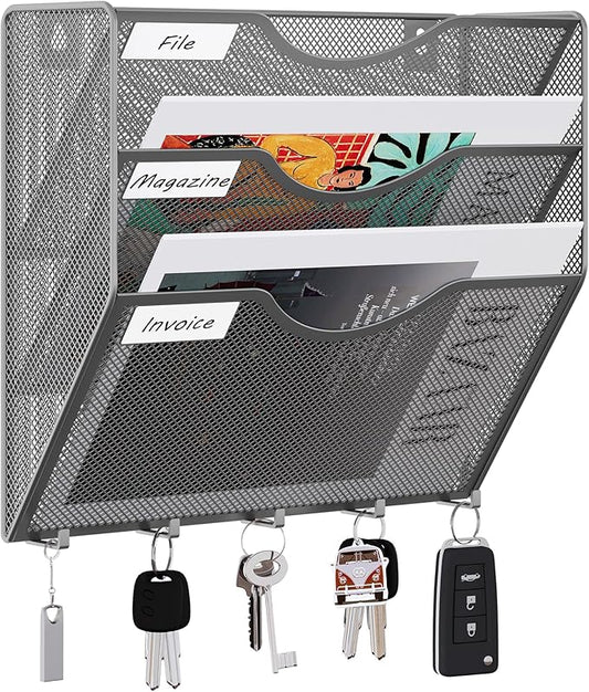 EasyPAG Hanging Wall File Organizer with Key Hooks, 3 Pocket Wall Mounted Mail Organizer, Vertical Folder Holder with Nametag Label, Paper Storage Magazine Rack for Office Home School, Silver