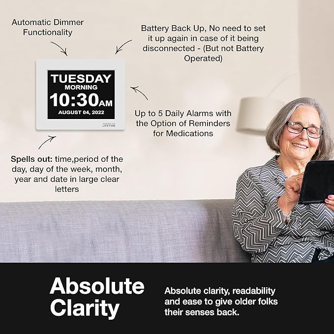 American Lifetime New 2026 Dementia Clock Large Digital Clock for Seniors, Large Display with Custom Alarms, Calendar Clock with Day & Date for Elderly, Clear Numbers Alzheimer Digital Clock White
