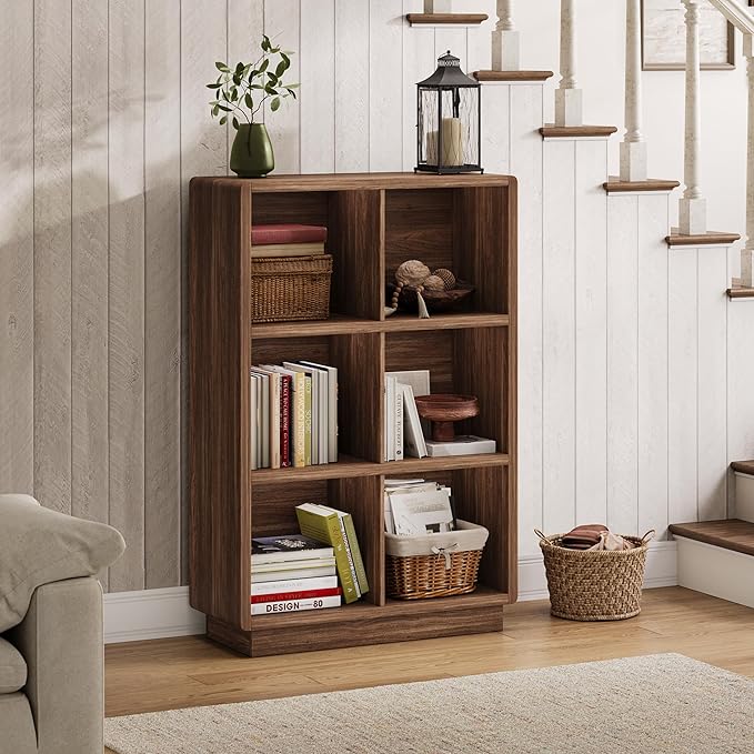 ChooChoo 3-Tier Bookshelf, 6 Cube Storage Organizer, Wooden Bookcase with Storage, Cube Storage Bookshelf for Bedroom and Home Office, Brown Walnut