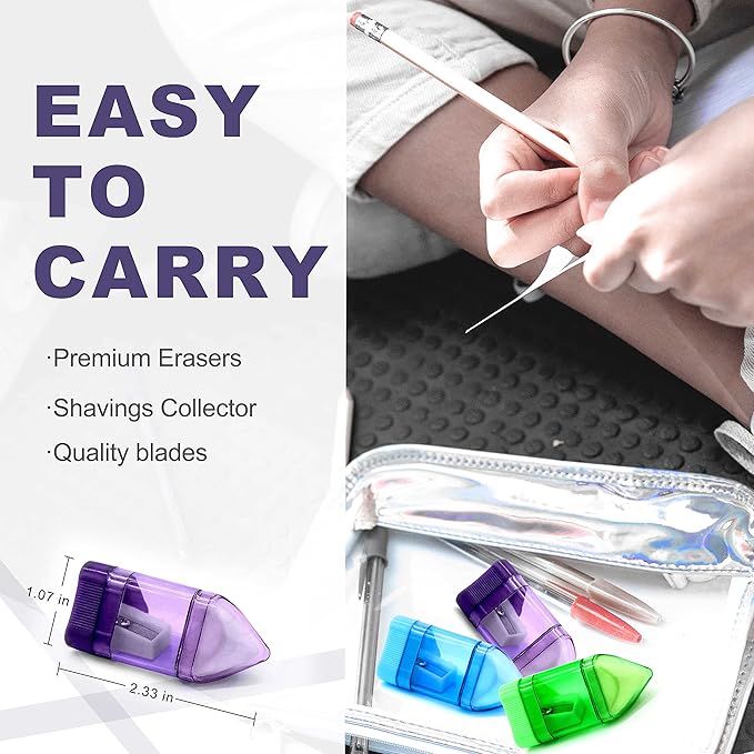 Sonuimy Manual Pencil Sharpeners with Eraser, Compact Small Colored Pencil Sharpener, Handheld Pencil Sharpener for No.2/HB Pencil Kids Adults Students School Class Home Office (Built-in Eraser)