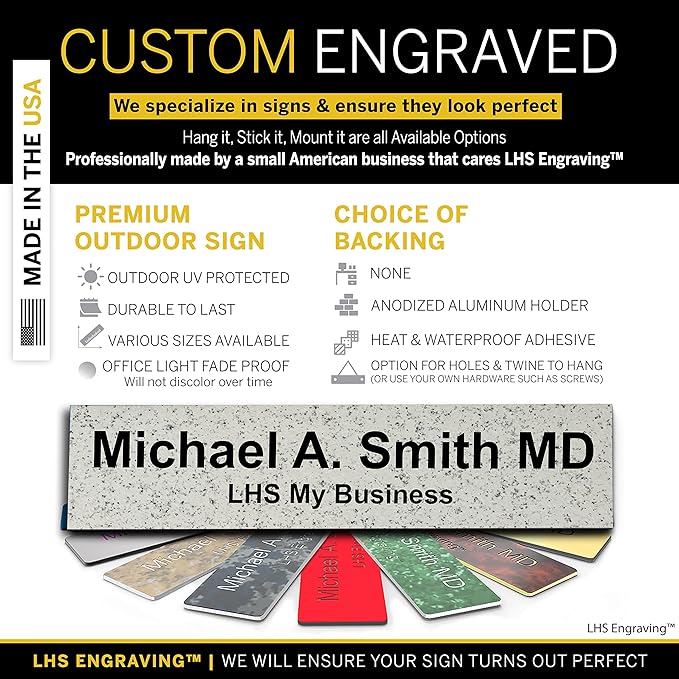 Custom Name Plate with Choice of Mounting for Walls, Doors, Desk Holders, Cubicles, Hanging and More - Personalized Solarious Stone Plastic Black Letters - USA Made 2x8 - S3