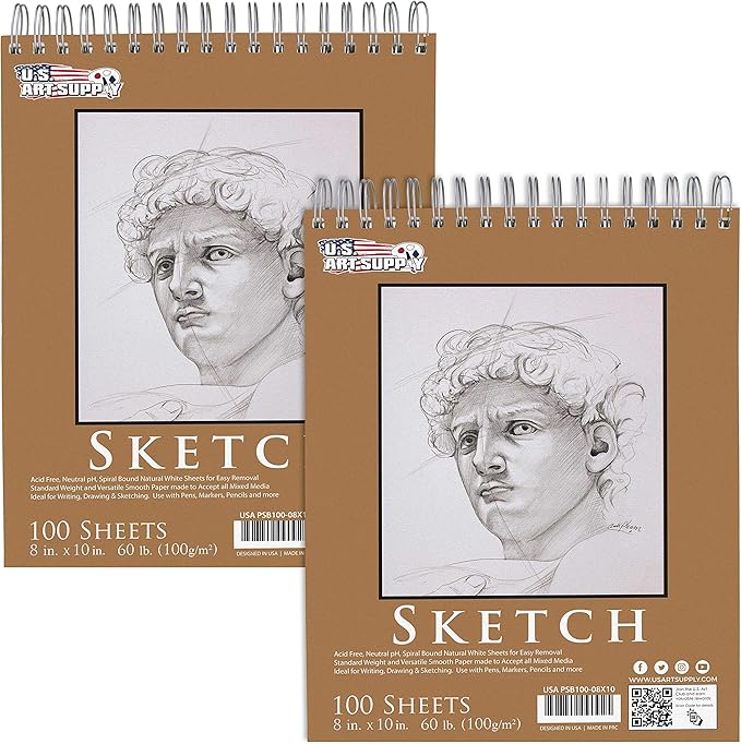 U.S. Art Supply 8"x10" Top Spiral Bound Sketch Book, 2 Pack, 100 Sheets Each, 60lb (100gsm), Acid-Free, Artist Sketchbook, Drawing Pad for Adults & Students