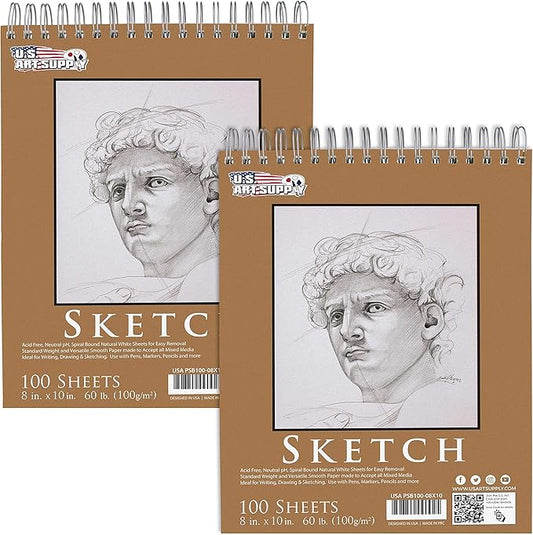 U.S. Art Supply 8"x10" Top Spiral Bound Sketch Book, 2 Pack, 100 Sheets Each, 60lb (100gsm), Acid-Free, Artist Sketchbook, Drawing Pad for Adults & Students