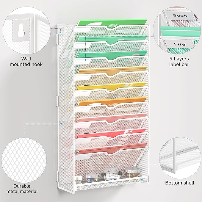 Lavatino 10-Tier Hanging File Organizer, Wall Mount File Holder for Mails Folders Papers Magazine Organization, Vertical Document Organizer for Office Home White