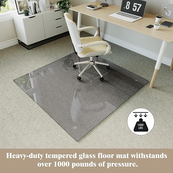 Koonmi Tempered Glass Chair Mat for Hardwood Floors & Carpets, 46" x 46“ Grey Heavy Duty Office Floor Protector, Scratch & Dust Concealing, Noise-Free for Home Office Desk