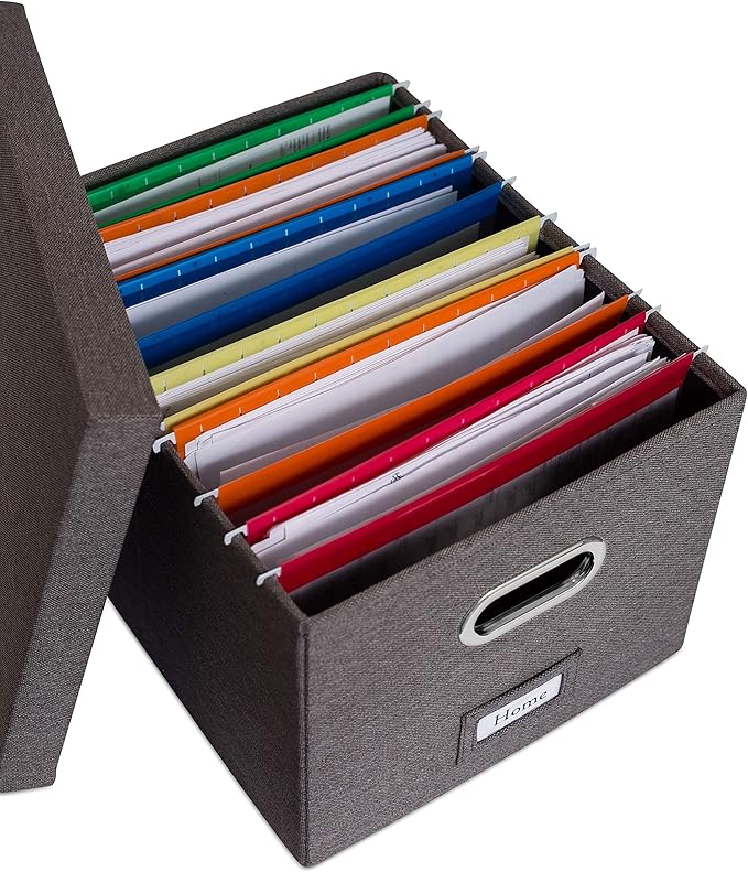 Internet's Best Collapsible File Storage Organizer with Lid - Decorative Linen Filing & Storage Office Box – Hanging Letter/Legal Folder – Home Office Bins Cabinet – Grey Container - 2 Pack