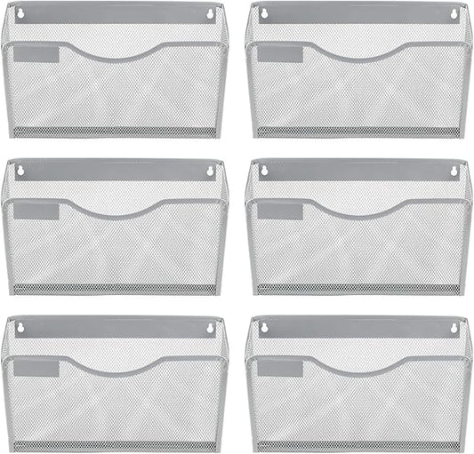 EasyPAG 6 Pack Wall File Organizer with Label Panel, Mesh Hanging File Folder Organizer for Letter/A4 Size Folders, Wall Mounted Vertical Mail Holder for Paperwork, Office, Home, School, Silver