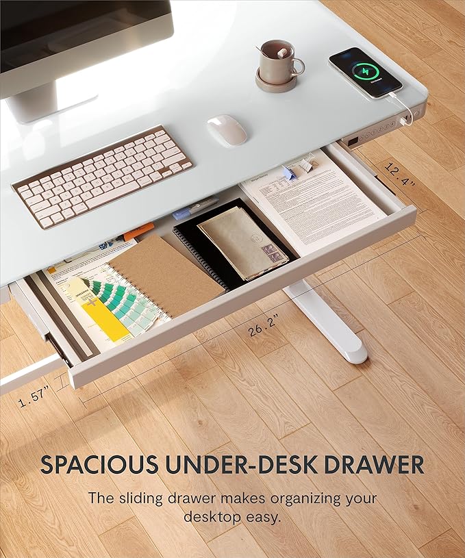 SANODESK Standing Desk with Drawer, Electric Height Adjustable Home Office Desk with Storage & USB Ports, 48 inch Tempered Glass Tabletop/White Frame