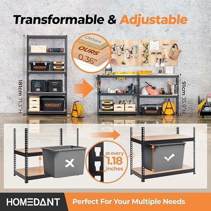 HOMEDANT 35.9" W 5 Tier Heavy Duty Garage Shelving Adjustable Metal Rack Storage Shelves Standing Shelf Unit Organizers Pantry Closet Black 1Pack