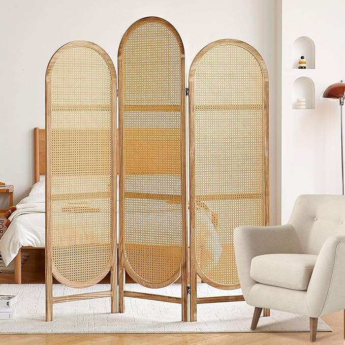 Asnefeli Room Divider 3 Panels, Hand-Woven Rattan Room Divider Wall, Foldable Wood Divider Screen, Creative Divider Wall, Folding Privacy Screens, Unique Design Privacy Divider Panel (Natural)