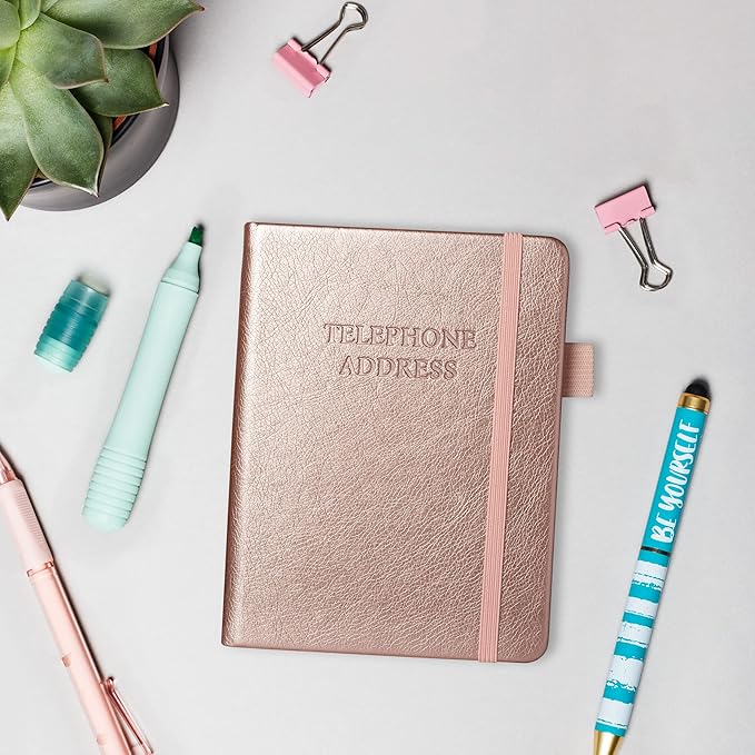 Legend Planner Address Book with Alphabetical Tabs – Mini Telephone Contacts Book for Phone Numbers, Addresses, Passwords, Small (Rose Gold)