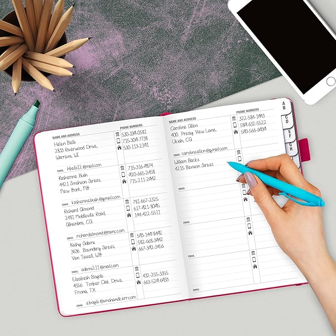 Legend Planner Address Book with Alphabetical Tabs –Telephone Contacts Book for Phone Numbers, Addresses, Passwords, Medium (Hot Pink)