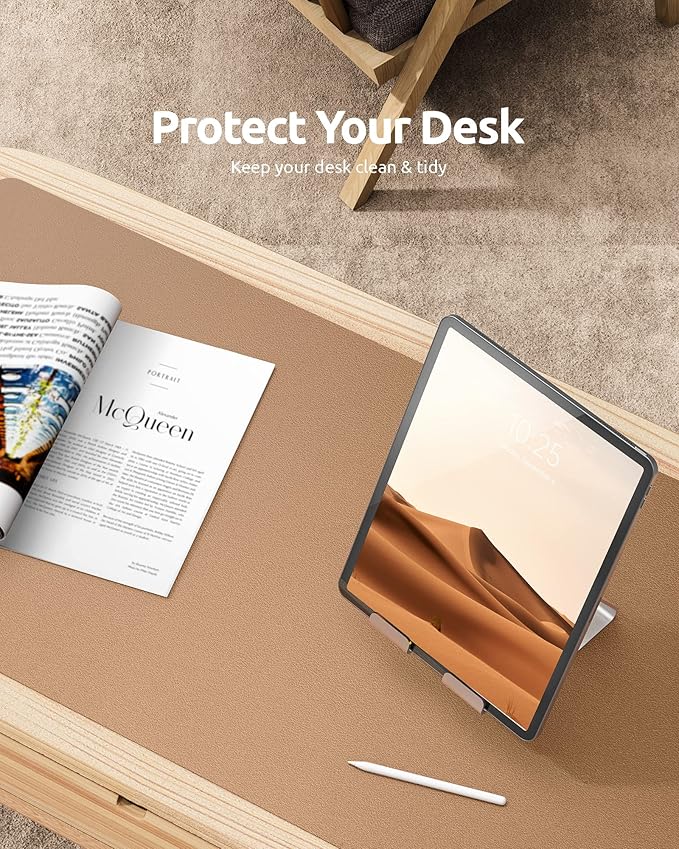 YSAGi Leather Desk Pad Protector, Office Mat, Large Mouse Pad, Non-Slip PU Blotter, Laptop Waterproof Writing for and Home (23.6" x 13.8", Khaki)