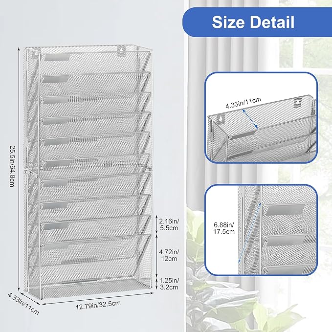 EasyPAG Wall File Holder 10 Tier Mesh Hanging Folder Organizer with Flat Tray Wall Mounted Mail Organizer Magazine Paper Desk Shelf with Nametag Label for Office Home School, Silver