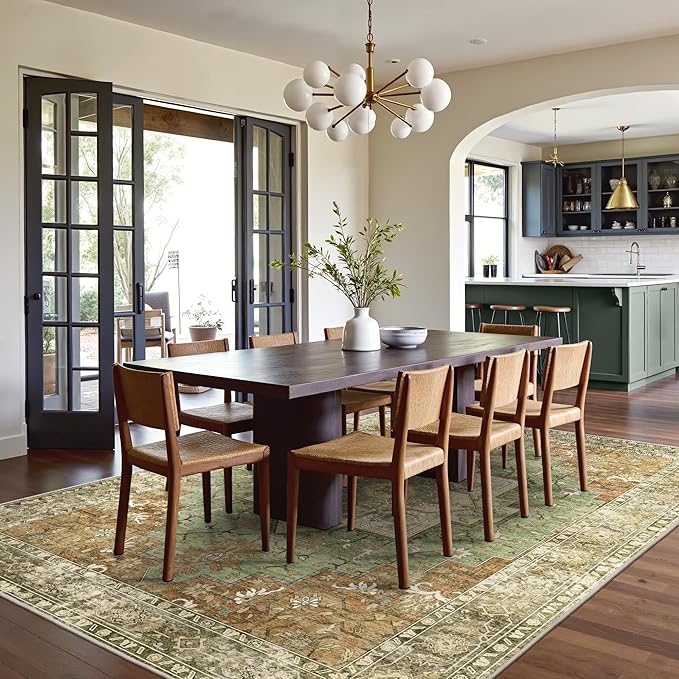 GENIMO 8x10 Area Rugs for Living Room, Machine Washable Rug, Non Slip Indoor Vintage Rug, Low Pile Lightweight Chenille Print Carpet for Bedroom Dining Room Home Office, Muted Green Brown