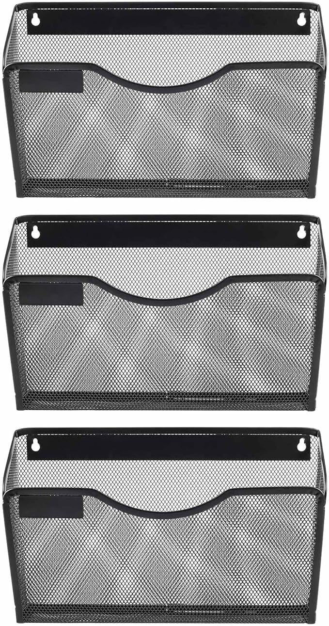 EasyPAG 3 Pack Wall File Organizer with Label Panel, Mesh Hanging File Folder Organizer for Letter/A4 Size Folders, Wall Mounted Vertical Mail Holder for Paperwork, Office, Home, School, Black