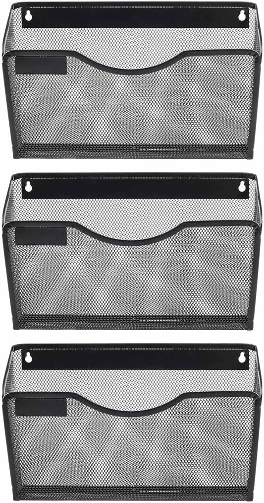 EasyPAG 3 Pack Wall File Organizer with Label Panel, Mesh Hanging File Folder Organizer for Letter/A4 Size Folders, Wall Mounted Vertical Mail Holder for Paperwork, Office, Home, School, Black