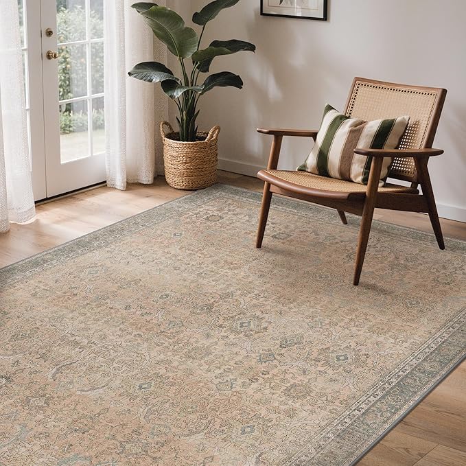 GENIMO 6x9 Area Rugs for Living Room, Machine Washable Non Slip Vintage Rugs, Low Pile Lightweight Chenille Print Rug for Bedroom, Dining Room, Home Office, Oatmeal Beige