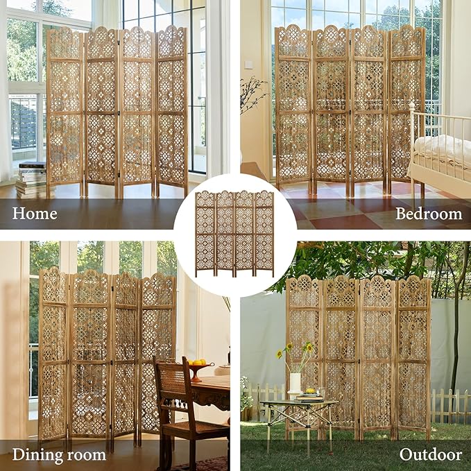 68.9Inch Folding Room Divider, 4 Panels Wood Carved Privacy Screens - Ideal Decorative Partition for Home, Office, Restaurant, Bedroom (Dark Brown)