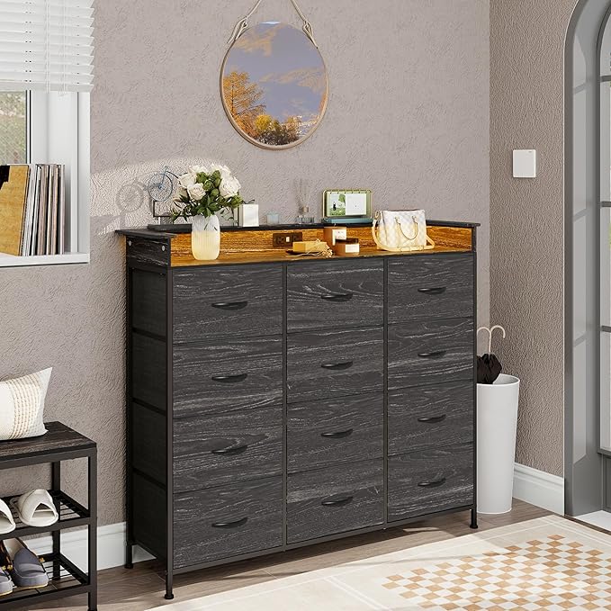 Welfuturer Black Dresser with LED Light 12 Drawers Dresser with Charging Station Dressers for Bedroom with 12 Fabric Drawers for Bedroom Hallway Entryway Closets Sturdy Steel Frame Wood Top Black