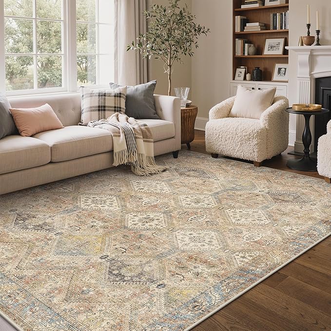 GENIMO 3x5 Area Rugs for Living Room, Machine Washable Non Slip Vintage Rugs, Low Pile Lightweight Print Rug for Bedroom, Dining Room, Home Office, Warm Brown