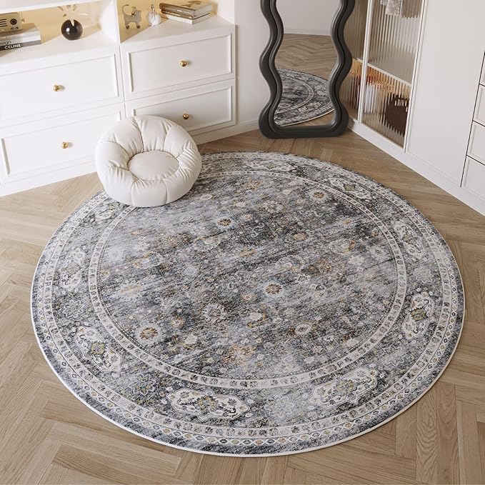 Rugcomf Round Rug 4ft Washable Circle Rug Non Slip Low Pile Boho Small Circular Rug for Bedroom, Bathroom, Entryway, Kids Room, Office, College Dorm(Grey)