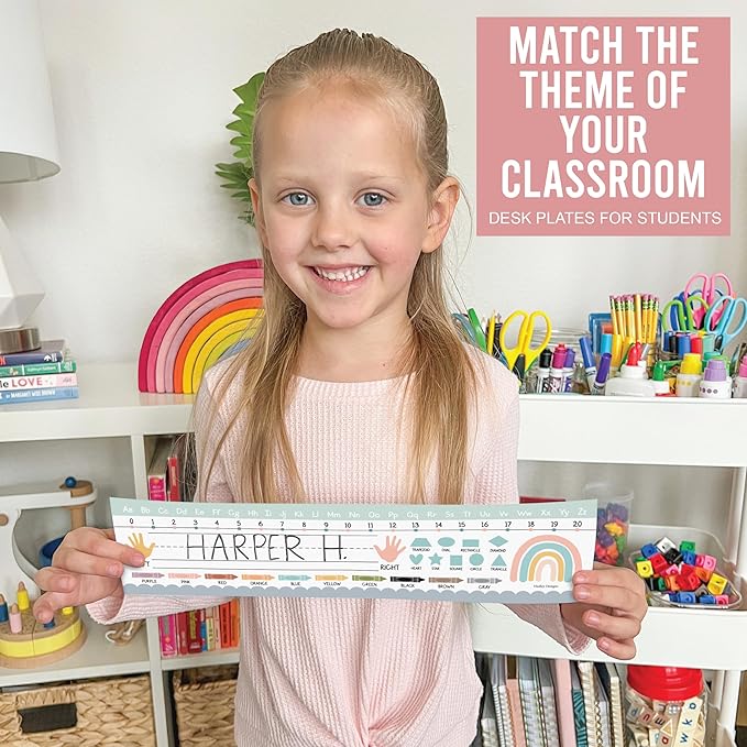 Desk Name Tags for Classroom -25 Student Name Plates for Classroom Kindergarten, Preschool, 1st, 2nd & 3rd Grade, 13x3 Teacher Nameplates for Student Desks, Boho Nametags