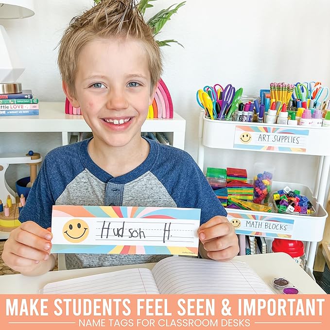 Desk Name Tags for Classroom -25 Student Name Plates for Classroom Kindergarten, Preschool, 1st, 2nd & 3rd Grade, 9x3 Teacher Nameplates for Student Desks & Cubbies, Retro Nametags