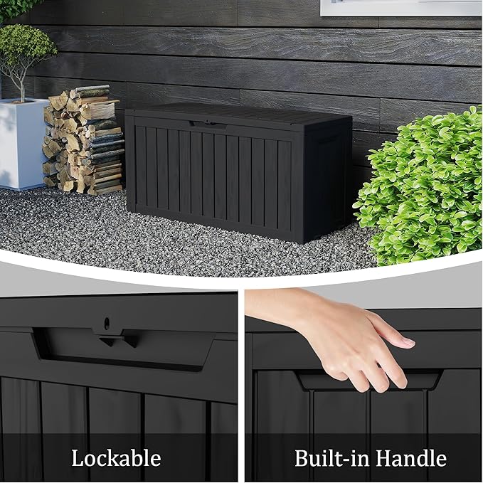 TARKARI 90 Gallon Lockable Resin Deck Box with Wheels, Waterproof & UV-Resistant Outdoor Storage Box for Outdoor Cushion Storage, Garden Tools & Pool Accessories Storage, Black