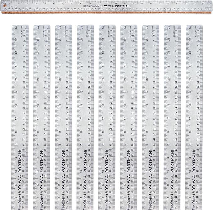 Breman Precision Metal Ruler 24 Inch Cork Back – 10 Pk Stainless Steel Straight Edge, Flexible Non-Slip Metal Ruler with Cork Backing – Imperial & Metric for Crafting, School, Workshop & Home Use