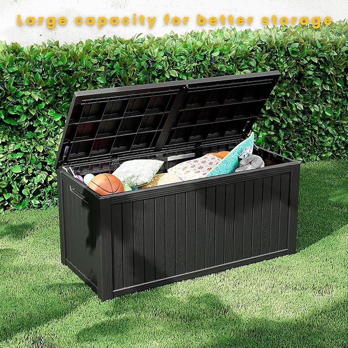 Yardgrace 210 Gallon Outdoor Storage Box - Waterproof Patio Deck Box for Outside Deliveries, All-Weather Resin Bin with Lock for Cushions & Tools, Black