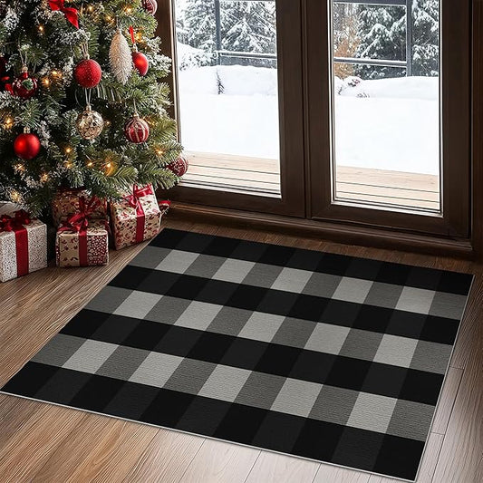GENIMO Checkered Rug 27.5x44 inches Black and White Outdoor Rug Buffalo Plaid Rugs Mat Fall Doormats Washable Rug for Front Porch Decor Indoor Entrance Patio Balcony Entryway
