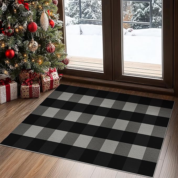 GENIMO Checkered Rug 27.5x43 inches Black and White Outdoor Rug Buffalo Plaid Rugs Mat Fall Doormats Washable Rug for Front Porch Decor Indoor Entrance Patio Balcony Entryway