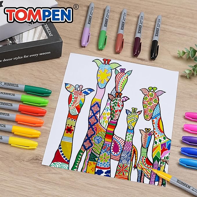 TOMPEN Permanent Markers Fine Tip 100 Pack Bulk,10 Assorted Colors,Waterproof Permanent Marker with Quick Drying on Valentine's Day card,Wood,Plastic,Paper,Metal,Mirror for Office School Classroom