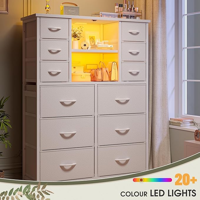 EnHomee Dresser for Bedroom with Drawers, Charging Station & LED Light, Large White Dresser for Hallway, Living Room, Entryway, Wooden Top, Metal Frame, 50.6" H x 37.8" W x 11.8" D