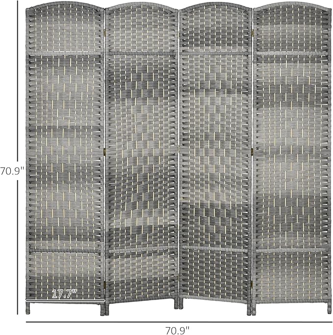 HOMCOM 4 Panel Room Divider, 6' Tall Folding Privacy Screen, Hand-Woven Freestanding Wood Partition for Home Office, Bedroom, Mixed Gray