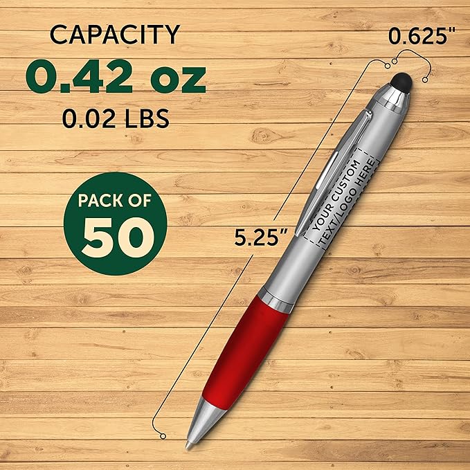 DISCOUNT PROMOS Custom Stylus Ballpoint Pens Set of 50, Personalized Bulk Pack - Black Ink, Great for Office, School, Business, Tradeshows, Events - Red