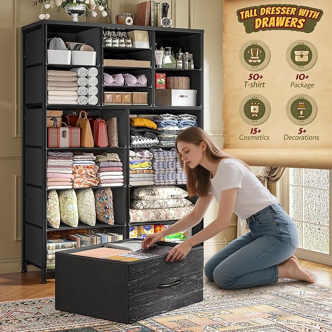 Romorgniz 57“H Dresser for Bedroom with Drawers, Fabric Dressers & Chests of Drawers, Large Black Dresser with Sturdy Metal Frame, Wood Top,Entryway, Hallway