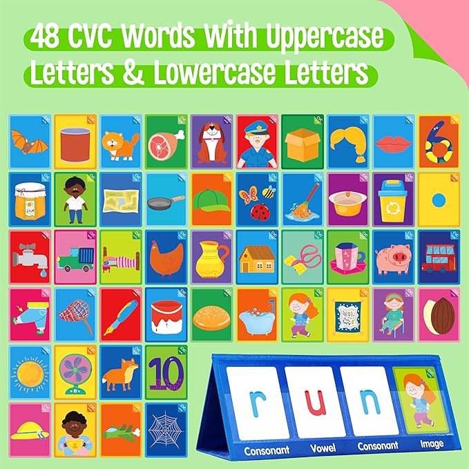 Word Building Desktop Pocket Chart, 48 CVC Words & 50 First Words, Double-Sided Tent Word Builder, Vocabulary Learning Flashcards Set for Kindergarten Reading and Spelling