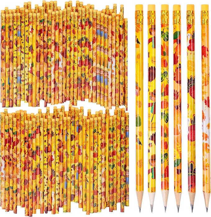 Kolewo4ever 200 Pieces Thanksgiving Pencils Assortment Cylinder Wood Pencil Maple Leaf Autumn Turkey Pencil for Thanksgiving Pumpkin Autumn Gift,6 Styles