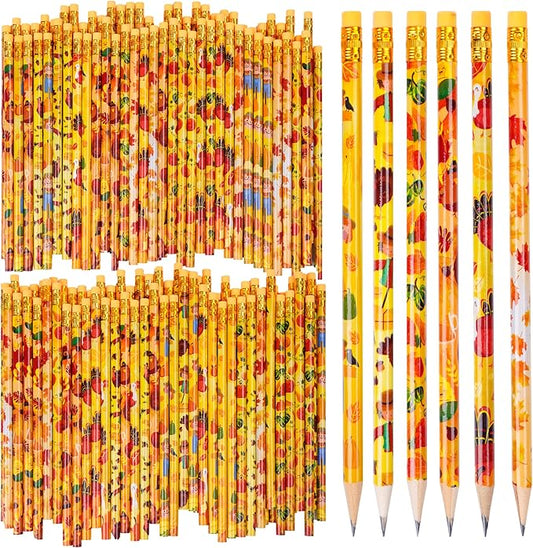 Kolewo4ever 200 Pieces Thanksgiving Pencils Assortment Cylinder Wood Pencil Maple Leaf Autumn Turkey Pencil for Thanksgiving Pumpkin Autumn Gift,6 Styles