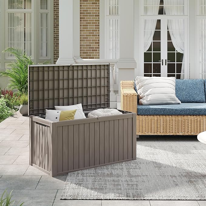 PATIOEASY Outdoor Storage Box 180GAL Waterproof Resin Deck Box,UV-Resistant Lockable Package Delivery Bin for Garden Tools,Large Patio Outside Cushions,Pool Accessories Supplies,Chest,Light Coffee