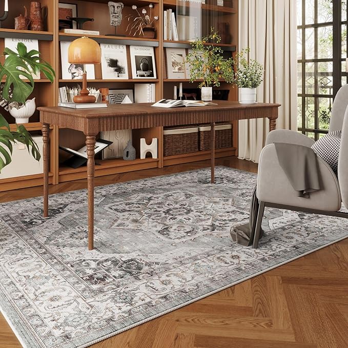 Rugcomf Vintage Medallion 4'x6' Rug - Machine Washable Area Rug, Non-Slip Low Pile Boho Carpet for Girl/Boys Room, Living Room, Kids, Entry - Grey and White